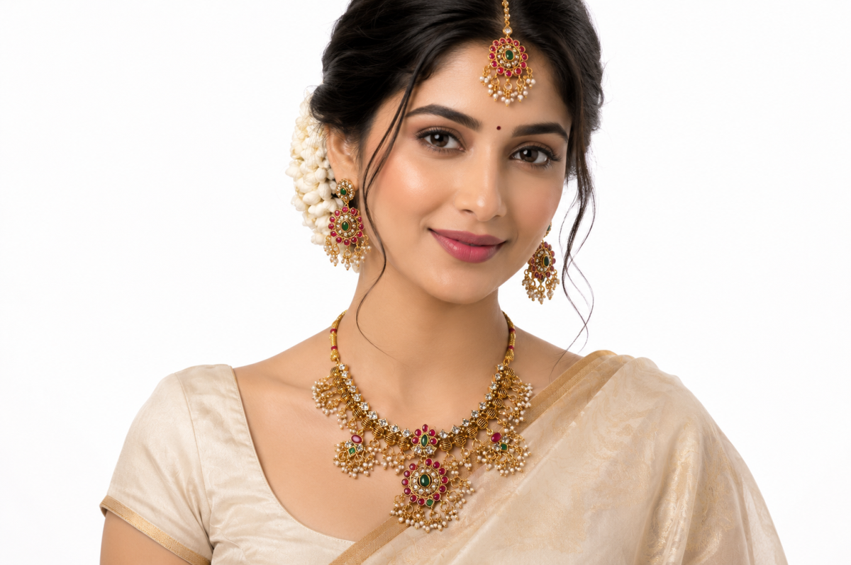 Narani - Necklace Set - Gold-Toned Traditional Choker Necklace Set with Multicolour Stone Work, Pearl Drops and Matching Jhumka Earrings. - 1 - Jewellery at GoAariva