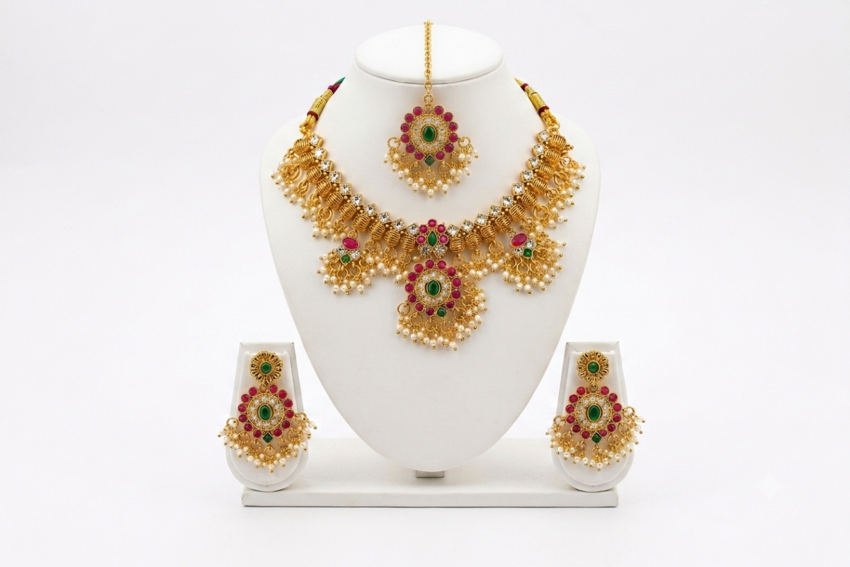 Narani - Necklace Set - Gold-Toned Traditional Choker Necklace Set with Multicolour Stone Work, Pearl Drops and Matching Jhumka Earrings. - 1 image 2