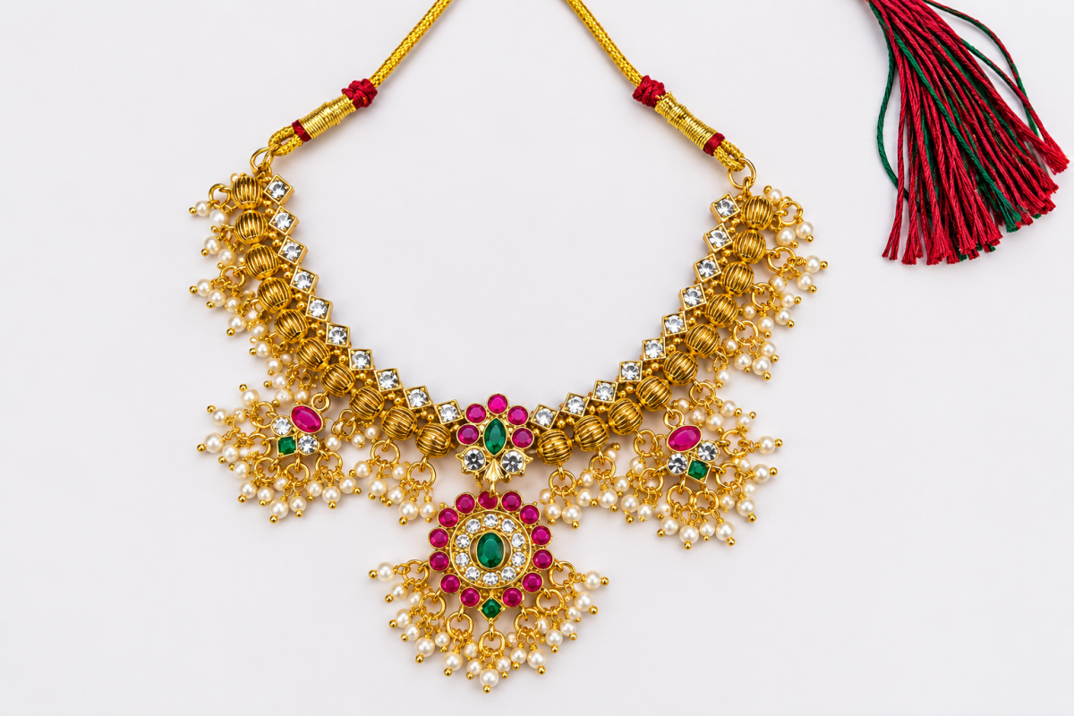 Narani - Necklace Set - Gold-Toned Traditional Choker Necklace Set with Multicolour Stone Work, Pearl Drops and Matching Jhumka Earrings. - 1 image 3