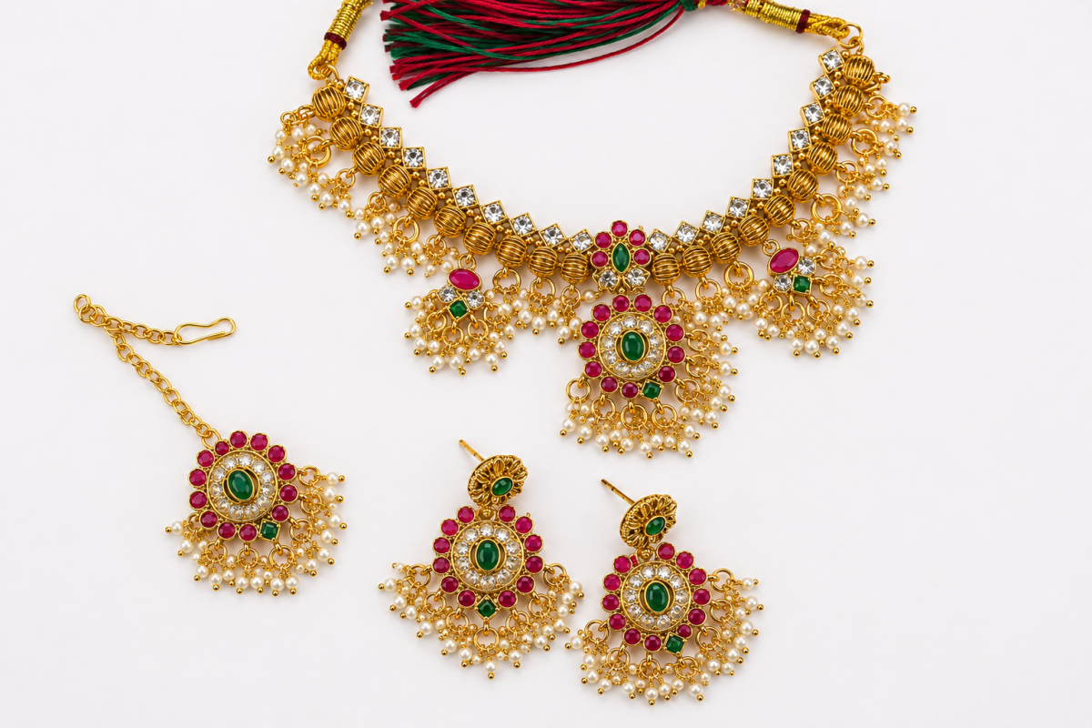 Narani - Necklace Set - Gold-Toned Traditional Choker Necklace Set with Multicolour Stone Work, Pearl Drops and Matching Jhumka Earrings. - 1 image 5