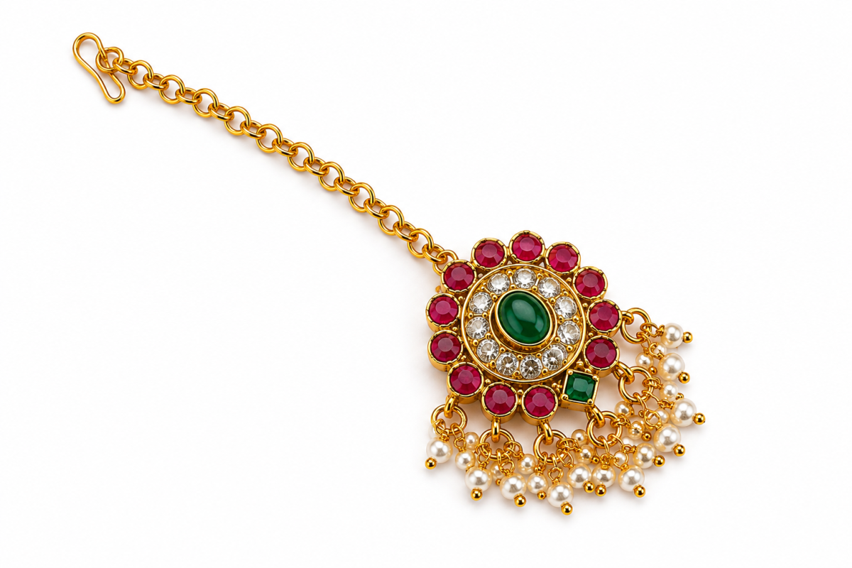 Narani - Necklace Set - Gold-Toned Traditional Choker Necklace Set with Multicolour Stone Work, Pearl Drops and Matching Jhumka Earrings. - 1 image 6
