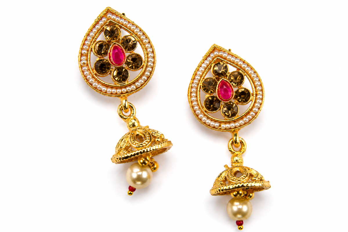Narani - Necklace Set - Traditional Gold-Toned Choker Necklace Set with Multicolour Stonework, Faux Pearl Drops, Adjustable Dori and Matching Jhumka Earrings. - Quantity image 5