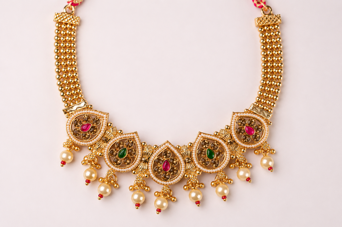 Narani - Necklace Set - Traditional Gold-Toned Choker Necklace Set with Multicolour Stonework, Faux Pearl Drops, Adjustable Dori and Matching Jhumka Earrings. - Quantity image 3