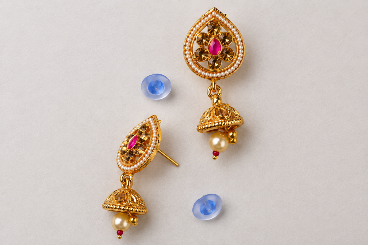 Narani - Necklace Set - Traditional Gold-Toned Choker Necklace Set with Multicolour Stonework, Faux Pearl Drops, Adjustable Dori and Matching Jhumka Earrings. - Quantity image 4