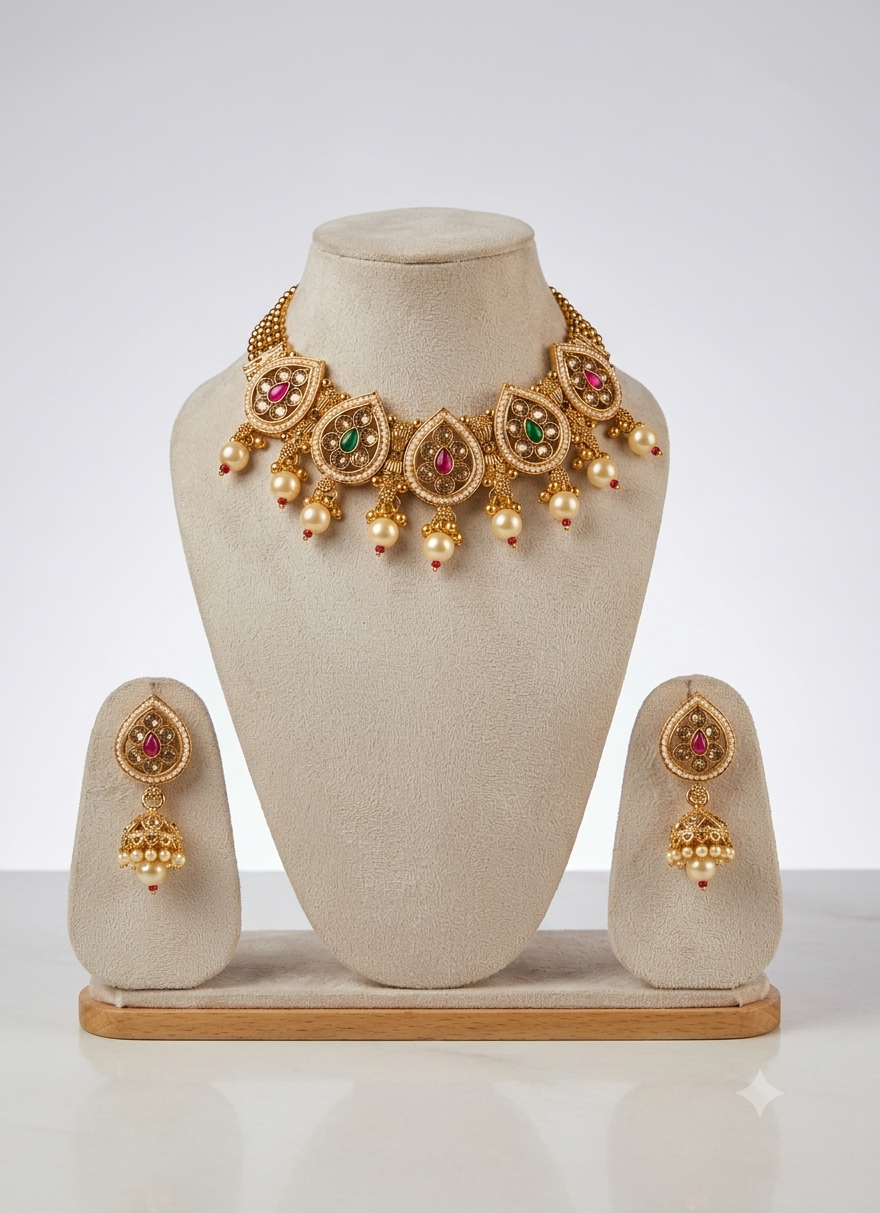 Narani - Necklace Set - Traditional Gold-Toned Choker Necklace Set with Multicolour Stonework, Faux Pearl Drops, Adjustable Dori and Matching Jhumka Earrings. - Quantity - Jewellery at GoAariva