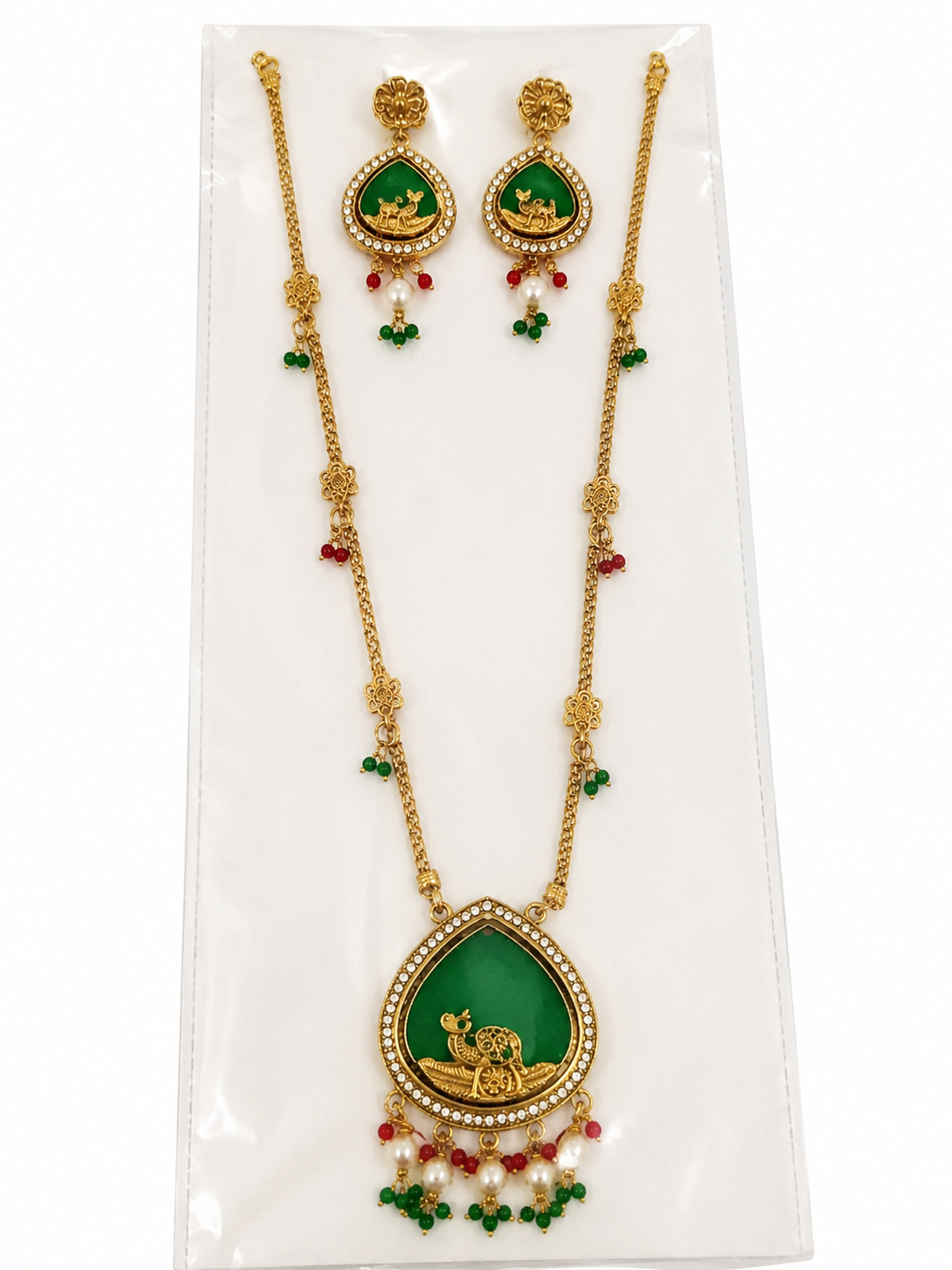 Narani - Necklace Set - Traditional Gold-Toned Long Necklace Set with Green Peacock-Design Pendant, Multicolour Beads, Faux Pearl Drops and Matching Earrings. - Jewellery at GoAariva