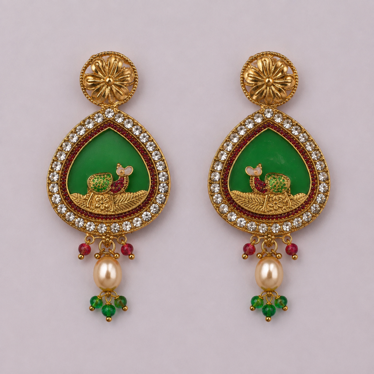 Narani - Necklace Set - Traditional Gold-Toned Long Necklace Set with Green Peacock-Design Pendant, Multicolour Beads, Faux Pearl Drops and Matching Earrings. image 4