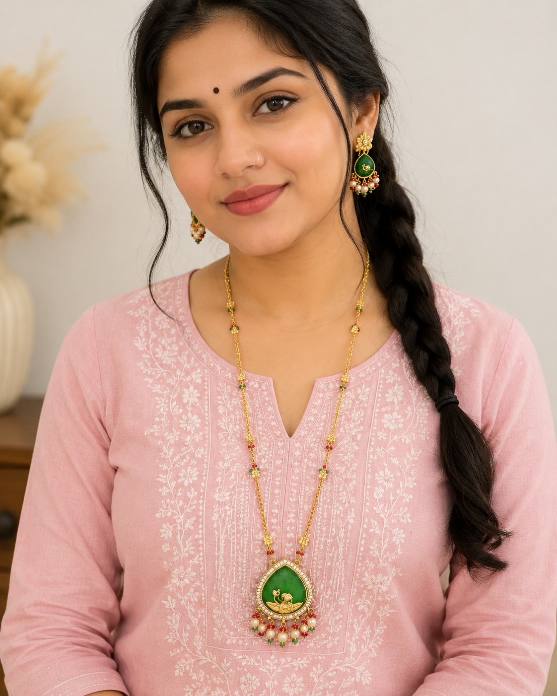 Narani - Necklace Set - Traditional Gold-Toned Long Necklace Set with Green Peacock-Design Pendant, Multicolour Beads, Faux Pearl Drops and Matching Earrings. image 5