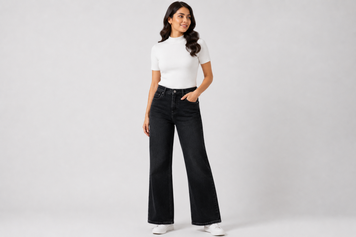 Gosagi - Women Jeans - Women’s Black High-Rise Wide-Leg Jeans with Button-and-Zip Closure, Belt Loops and Functional Pockets image 6