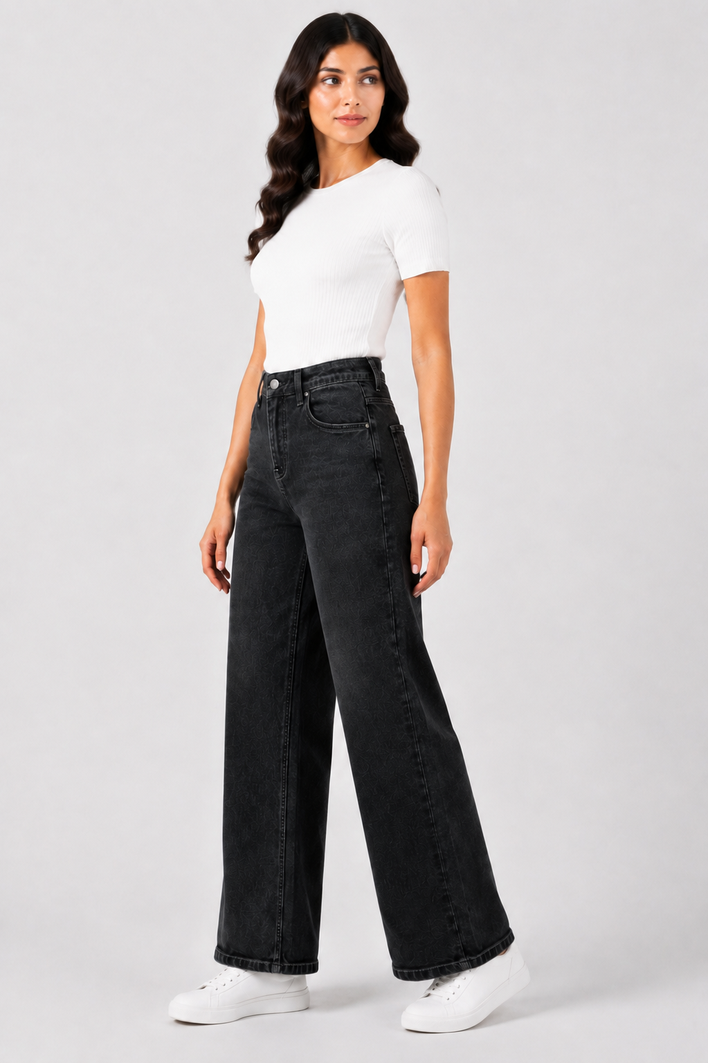 Gosagi - Women Jeans - Women’s Black High-Rise Wide-Leg Denim Jeans with Subtle Self-Pattern, Button-and-Zip Closure, Belt Loops and Functional Front Pockets. - Women's Fashion at GoAariva