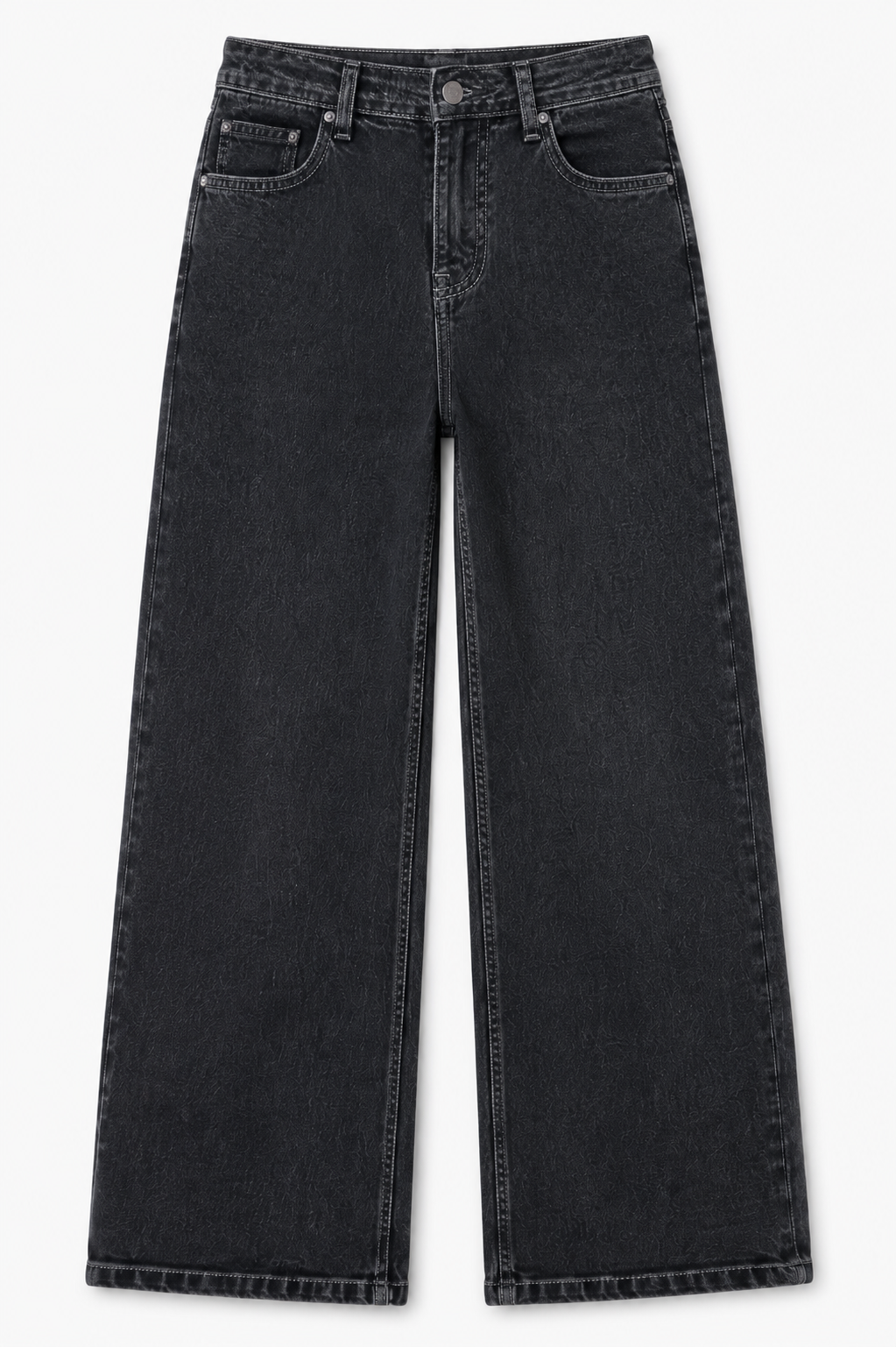 Gosagi - Women Jeans - Women’s Black High-Rise Wide-Leg Denim Jeans with Subtle Self-Pattern, Button-and-Zip Closure, Belt Loops and Functional Front Pockets. image 2