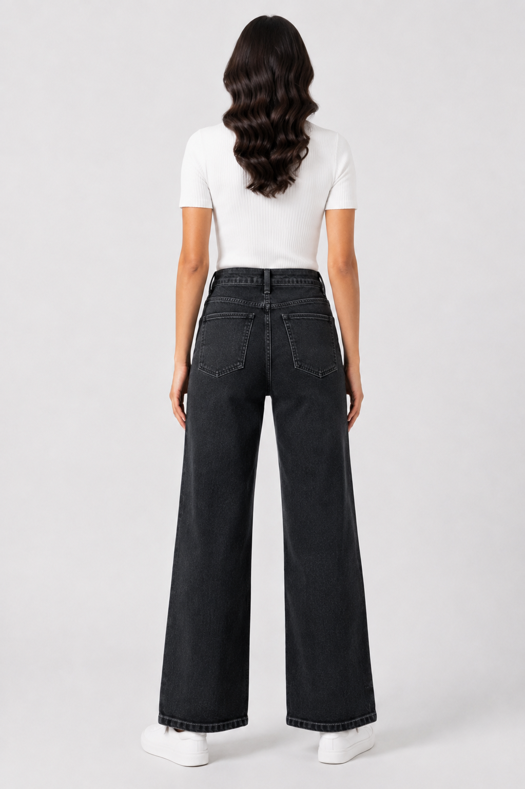 Gosagi - Women Jeans - Women’s Black High-Rise Wide-Leg Denim Jeans with Subtle Self-Pattern, Button-and-Zip Closure, Belt Loops and Functional Front Pockets. image 4