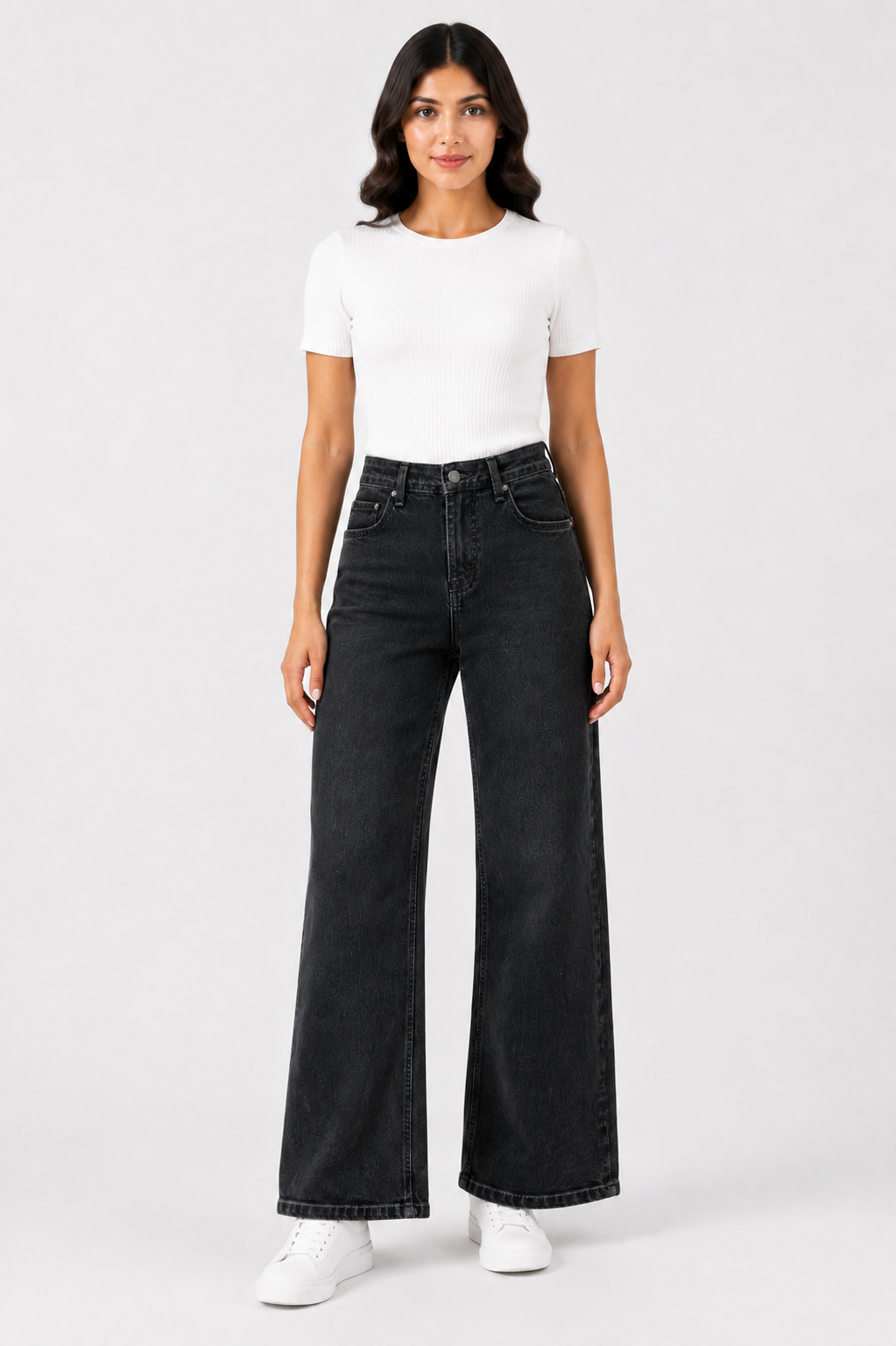 Gosagi - Women Jeans - Women’s Black High-Rise Wide-Leg Denim Jeans with Subtle Self-Pattern, Button-and-Zip Closure, Belt Loops and Functional Front Pockets. image 5