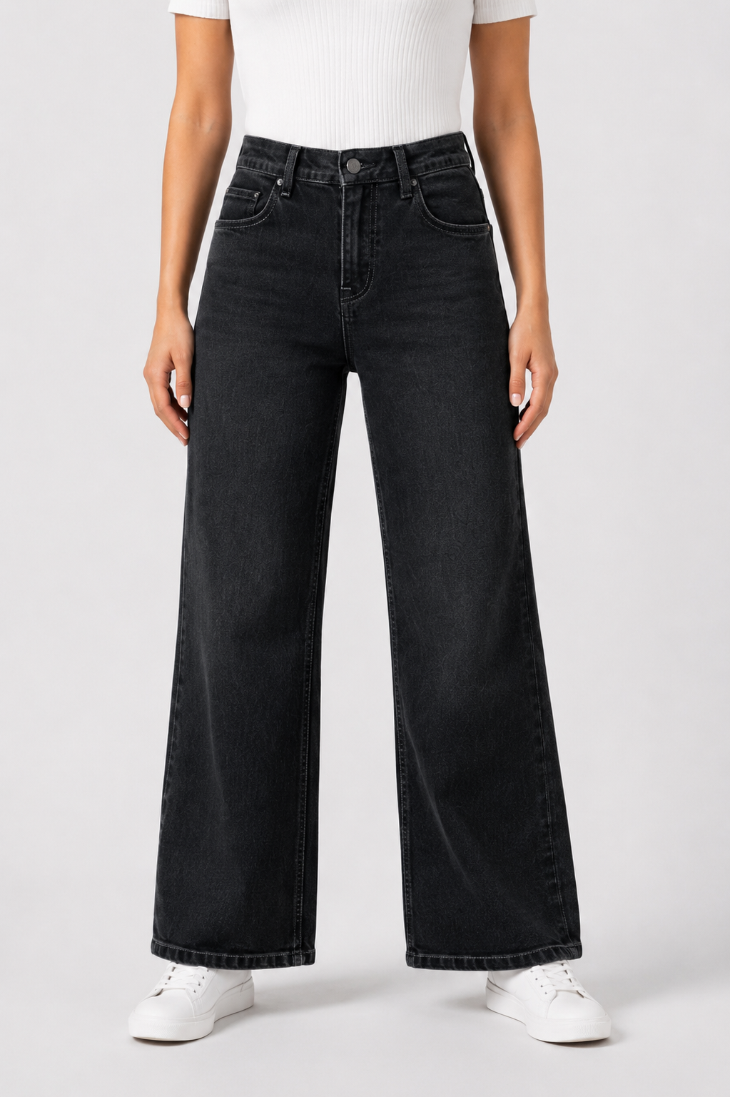 Gosagi - Women Jeans - Women’s Black High-Rise Wide-Leg Denim Jeans with Subtle Self-Pattern, Button-and-Zip Closure, Belt Loops and Functional Front Pockets. image 6