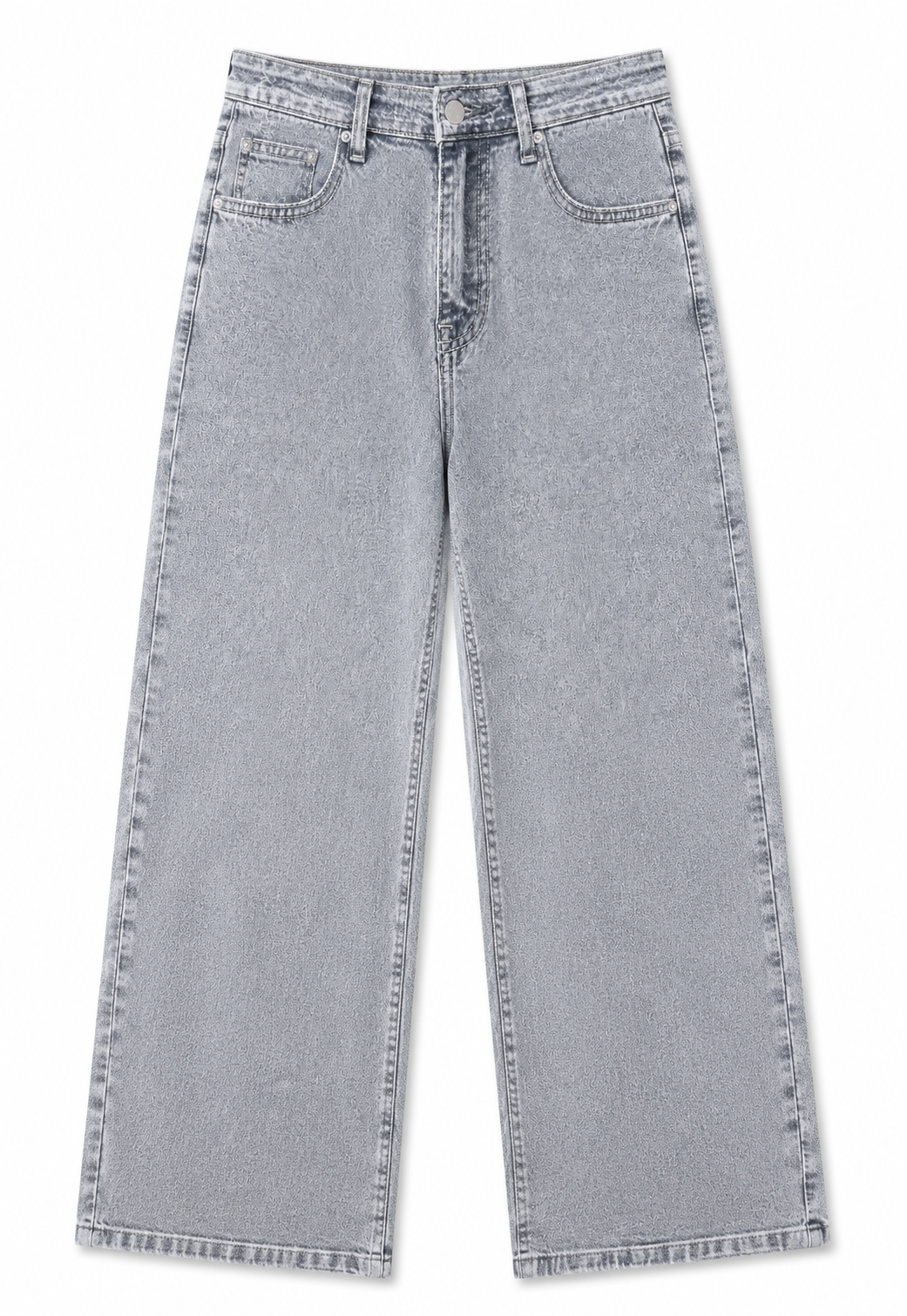 Women Jeans - Women’s Charcoal Grey High-Rise Wide-Leg Denim Jeans with Subtle Self-Pattern, Light Washed Finish, Functional Pockets and Button-Zip Closure. - Women's Fashion at GoAariva