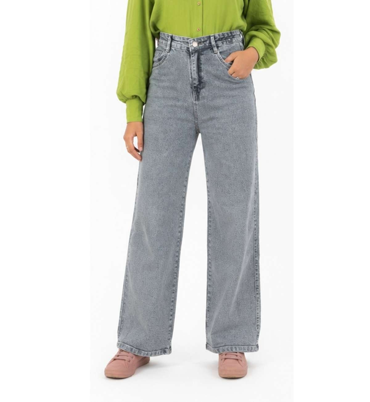 Women Jeans - Women’s Charcoal Grey High-Rise Wide-Leg Denim Jeans with Subtle Self-Pattern, Light Washed Finish, Functional Pockets and Button-Zip Closure. image 6
