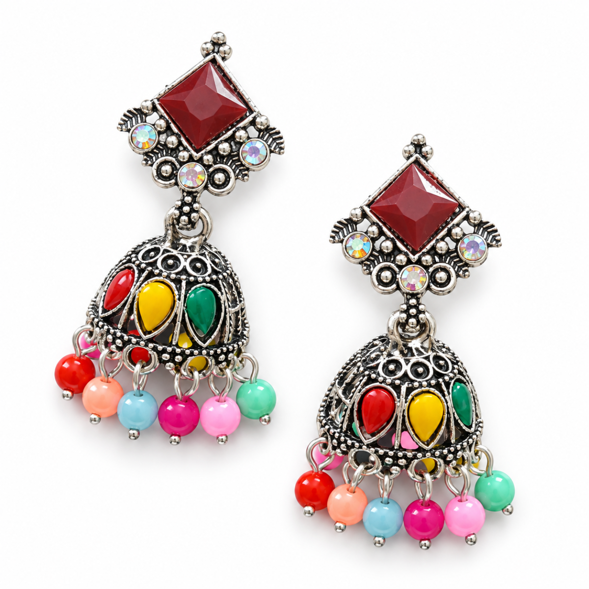 Traditional Multicolour Beaded Jhumka Earrings with Oxidised Silver-Tone Finish for Women & Girls