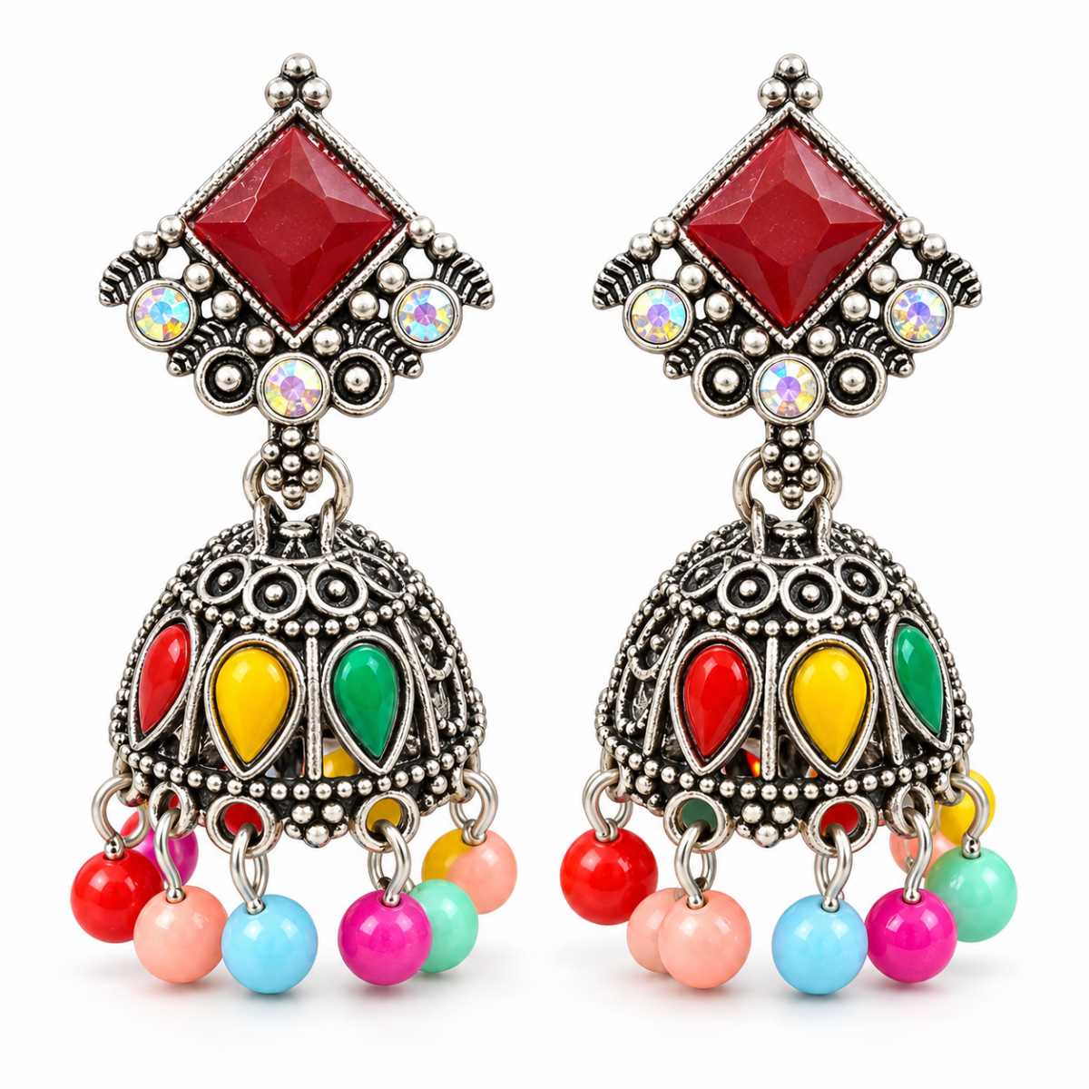 Traditional Multicolour Beaded Jhumka Earrings with Oxidised Silver-Tone Finish for Women & Girls image 2