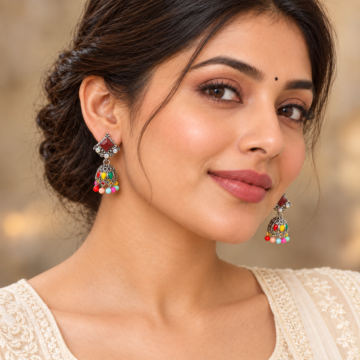 Traditional Multicolour Beaded Jhumka Earrings with Oxidised Silver-Tone Finish for Women & Girls image 3