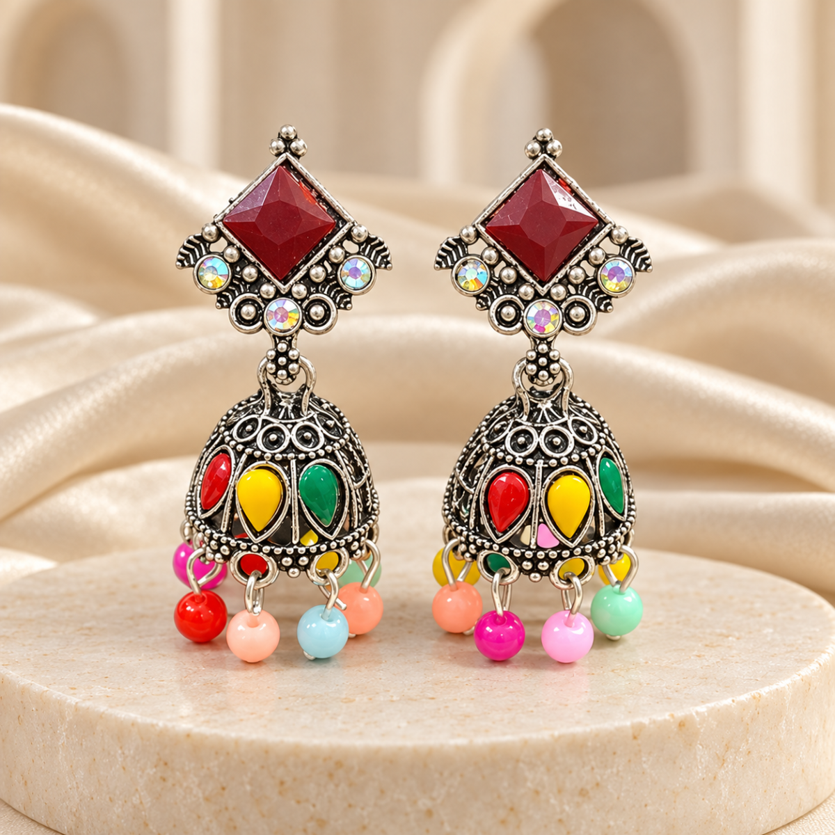 Traditional Multicolour Beaded Jhumka Earrings with Oxidised Silver-Tone Finish for Women & Girls image 4