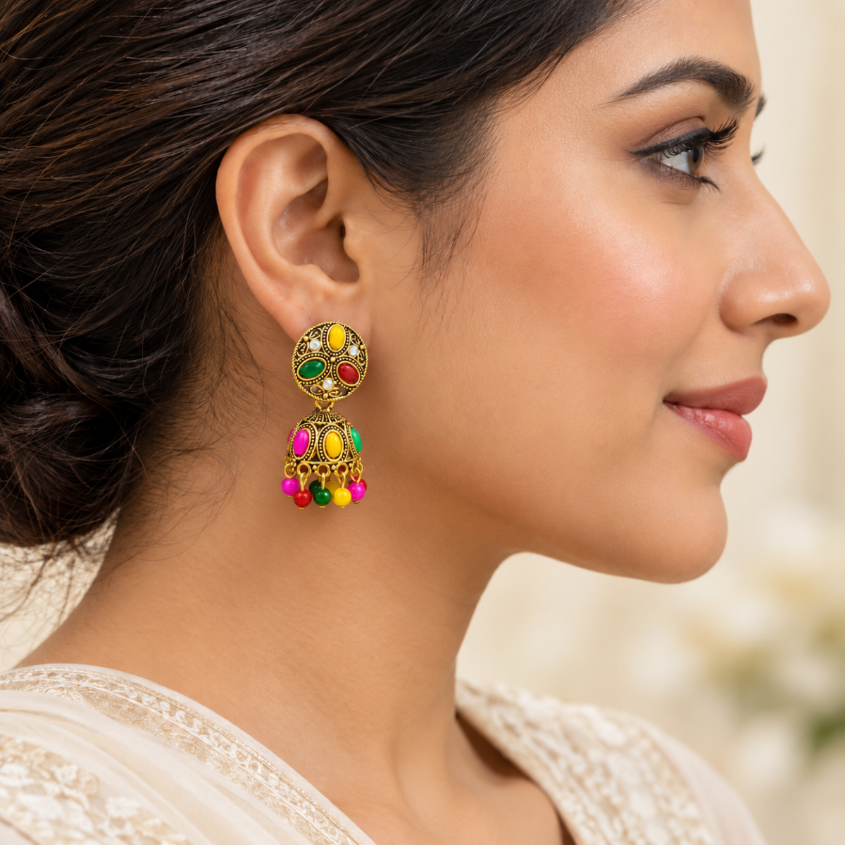Product Name Traditional Multicolour Brass Jhumki Earrings with Antique Gold Finish for Women & Girls image 2