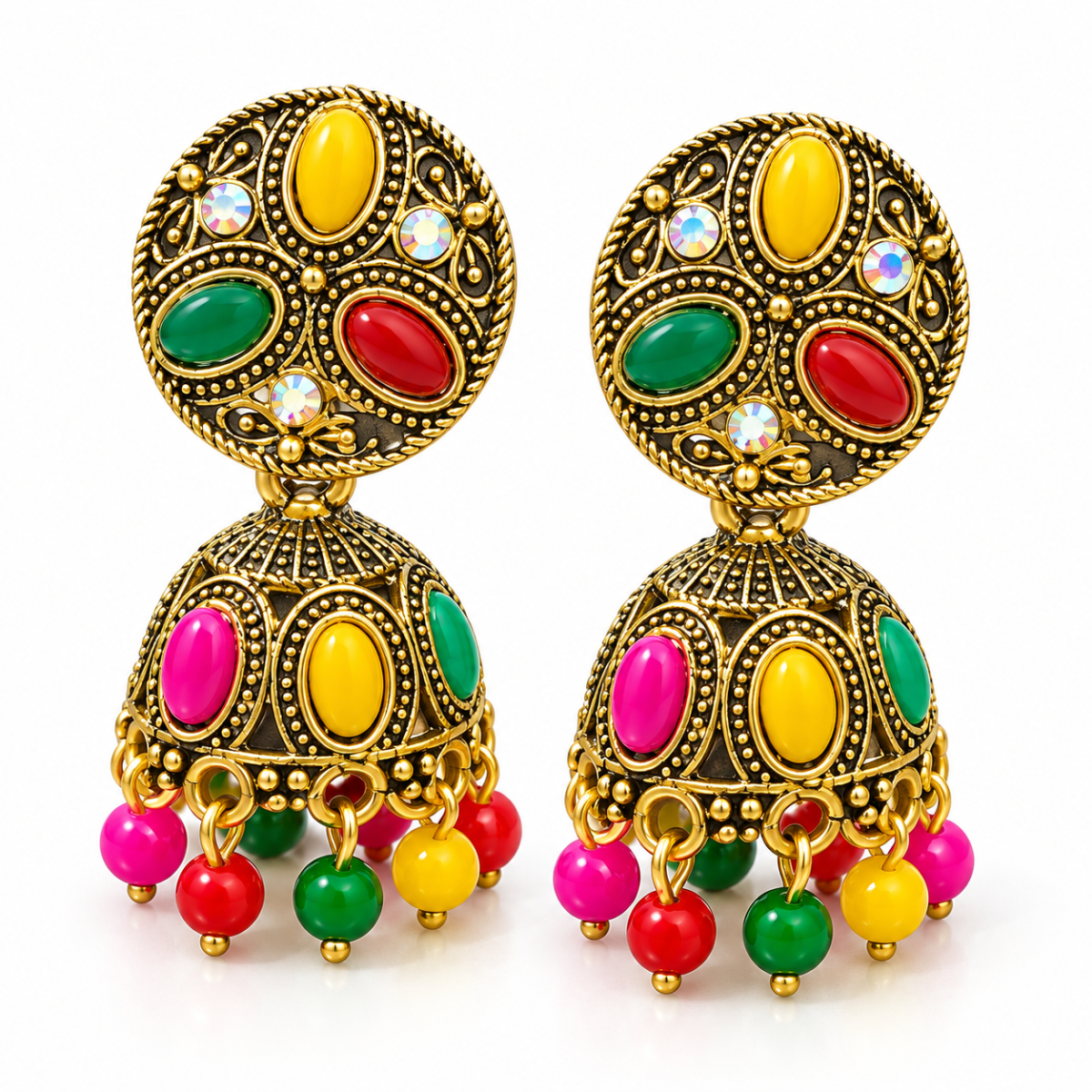 Product Name Traditional Multicolour Brass Jhumki Earrings with Antique Gold Finish for Women & Girls image 3