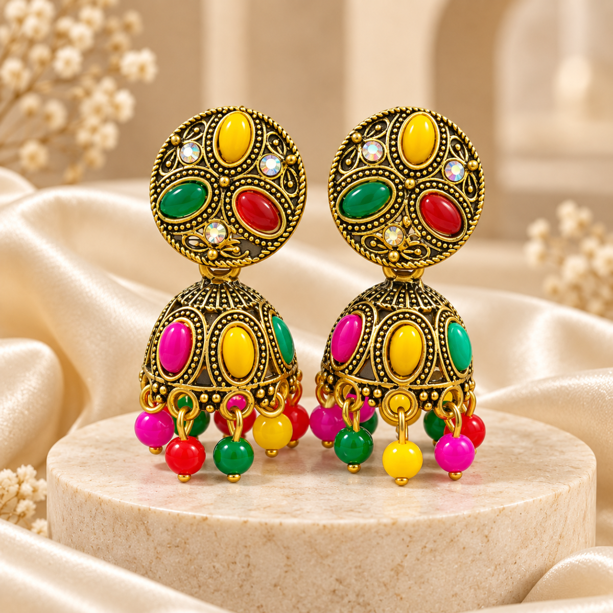 Product Name Traditional Multicolour Brass Jhumki Earrings with Antique Gold Finish for Women & Girls image 4