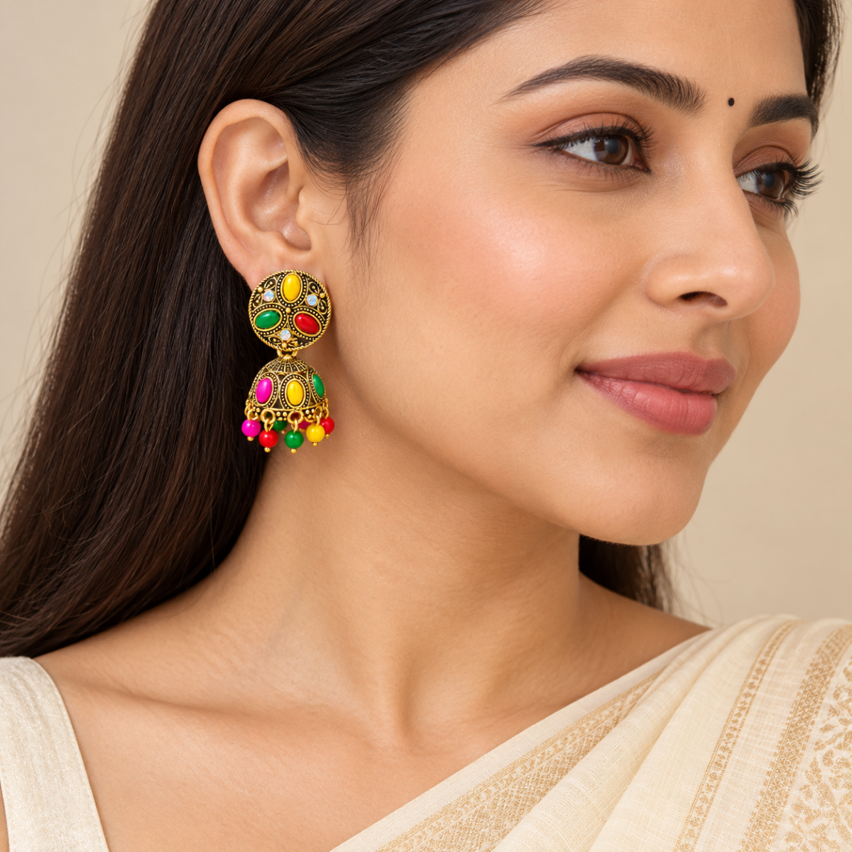Traditional Multicolour Brass Jhumki Earrings with Antique Gold Finish for Women & Girls image 3
