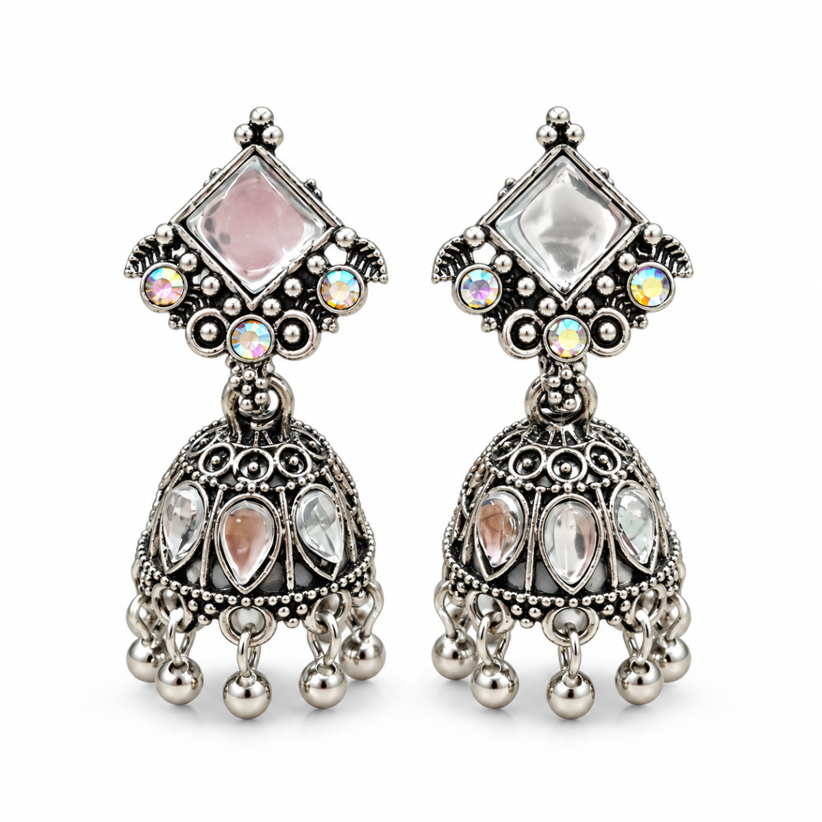 Oxidised Silver Mirror Work Jhumka Earrings with Ghungroo Hangings