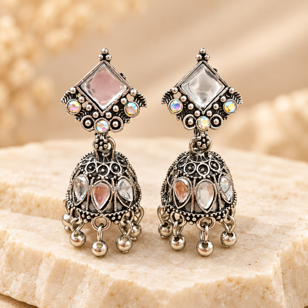 Oxidised Silver Mirror Work Jhumka Earrings with Ghungroo Hangings image 2