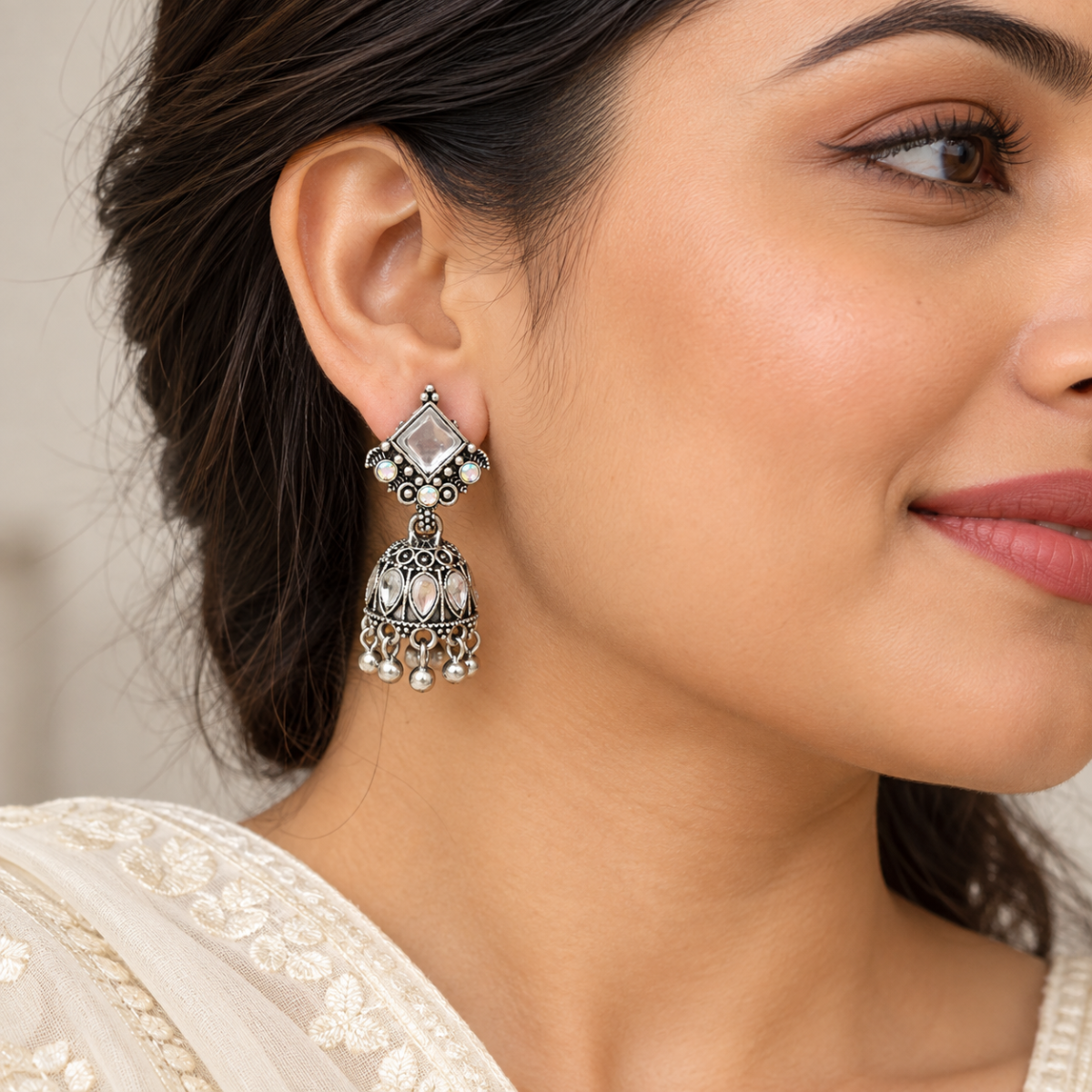 Oxidised Silver Mirror Work Jhumka Earrings with Ghungroo Hangings image 3