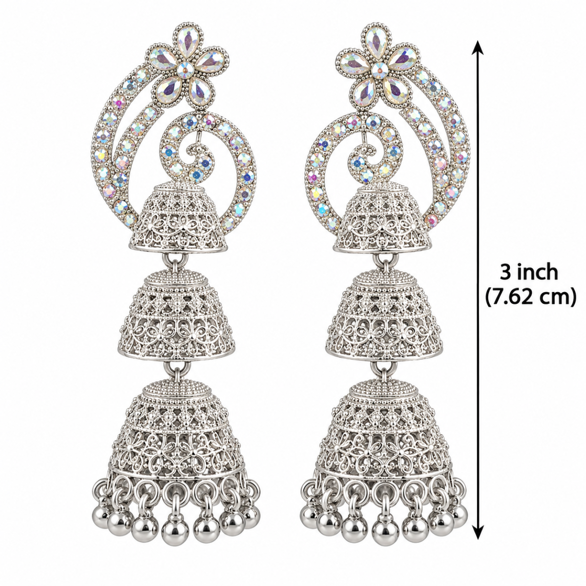 German Silver Multi-Tier 3-Step Peacock Jhumka Earrings with Crystal Embellishments