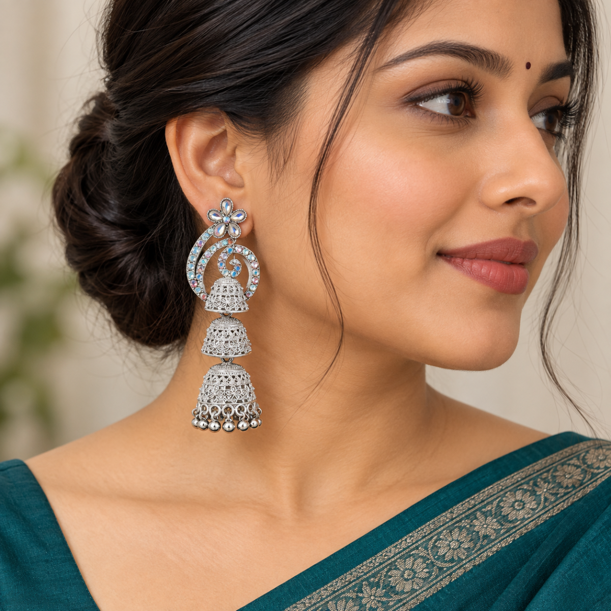 German Silver Multi-Tier 3-Step Peacock Jhumka Earrings with Crystal Embellishments image 2
