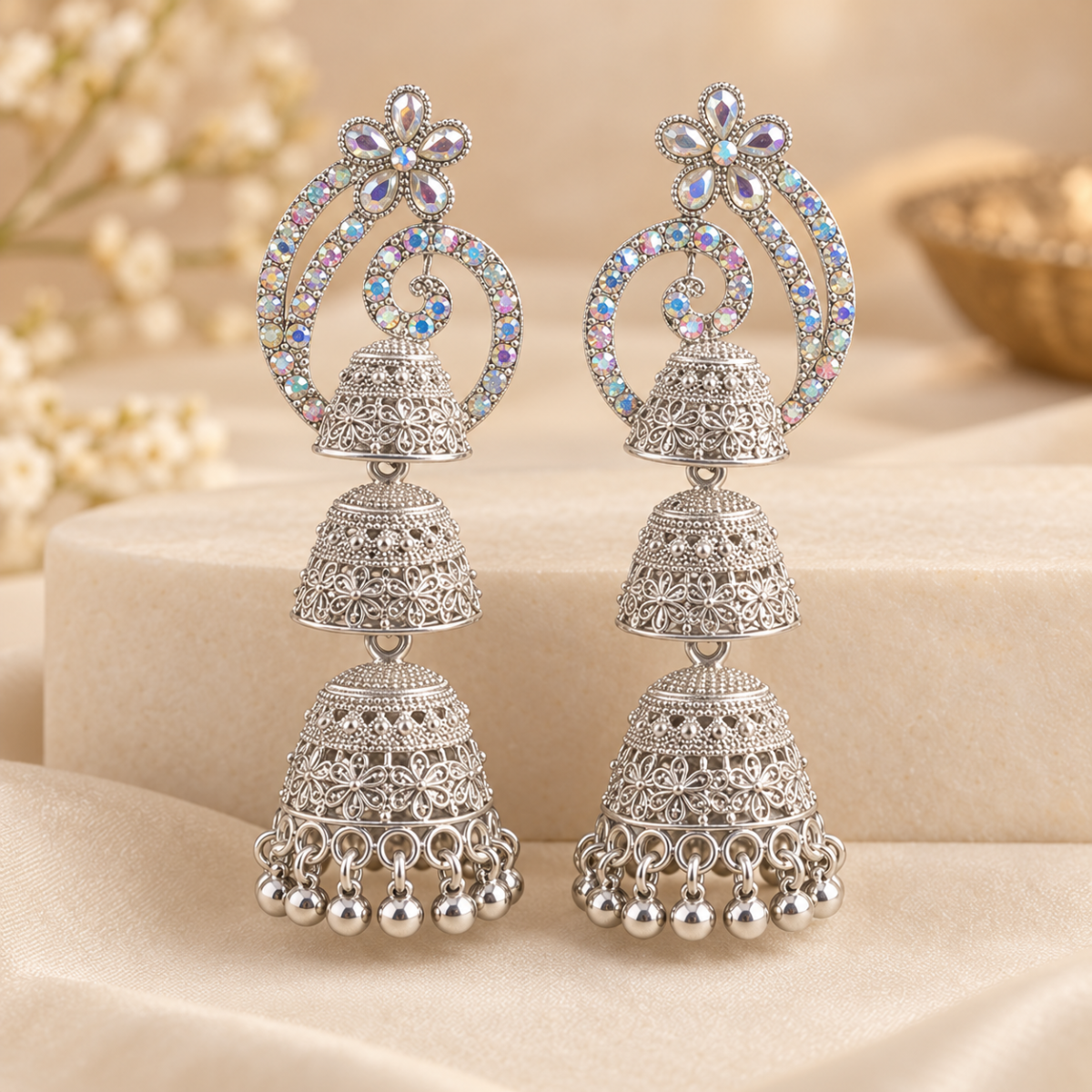 German Silver Multi-Tier 3-Step Peacock Jhumka Earrings with Crystal Embellishments image 3