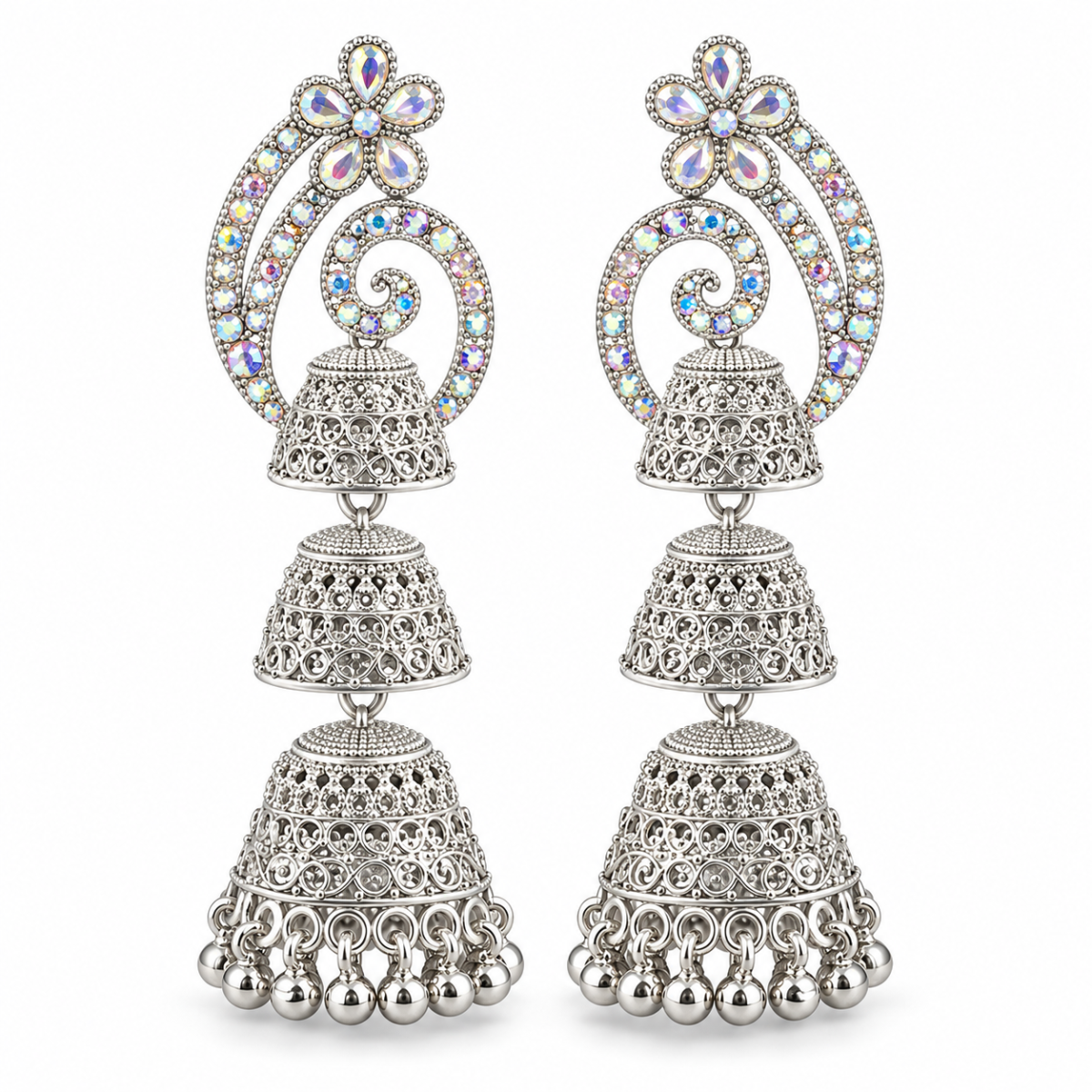 German Silver Multi-Tier 3-Step Peacock Jhumka Earrings with Crystal Embellishments image 4