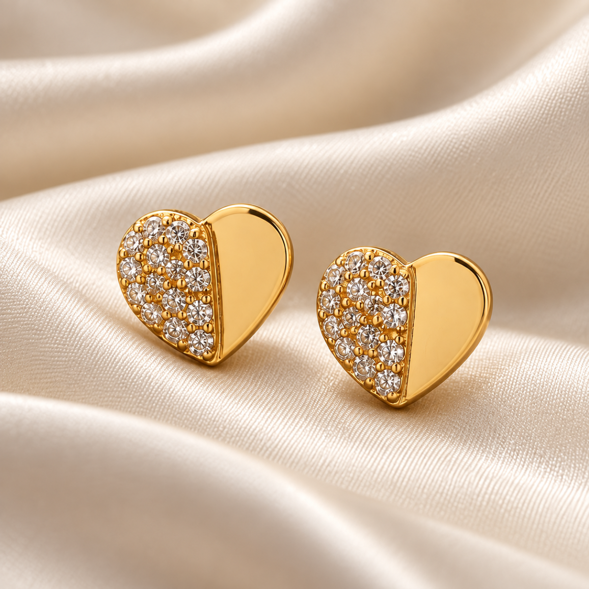 Dai Gold Plated Half Pavé Crystal Heart Stud Earrings for Women image 1