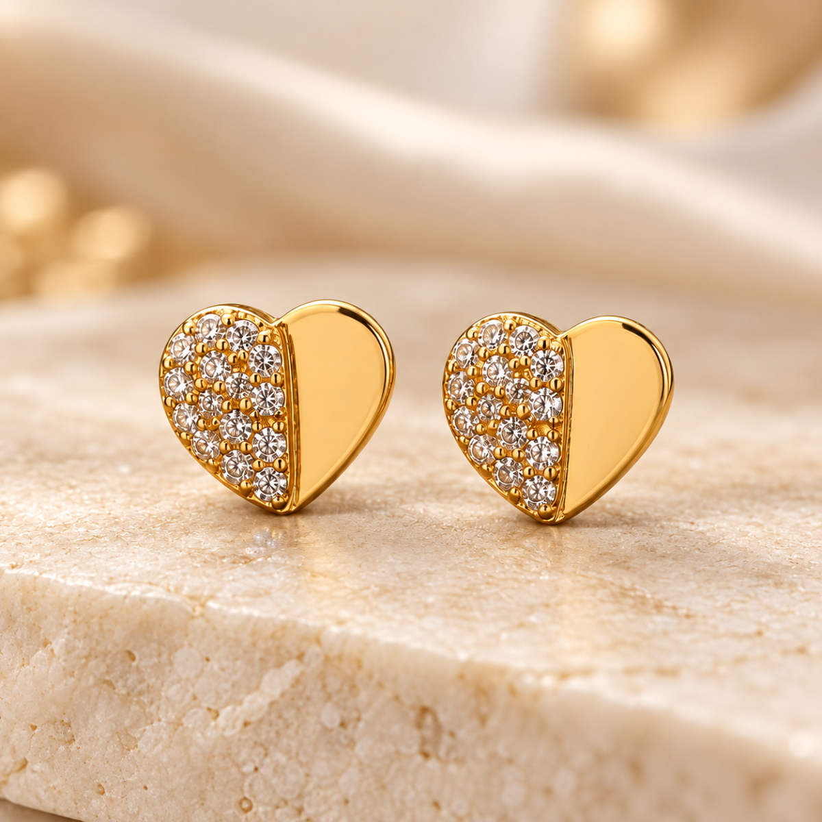 Dai Gold Plated Half Pavé Crystal Heart Stud Earrings for Women image 3