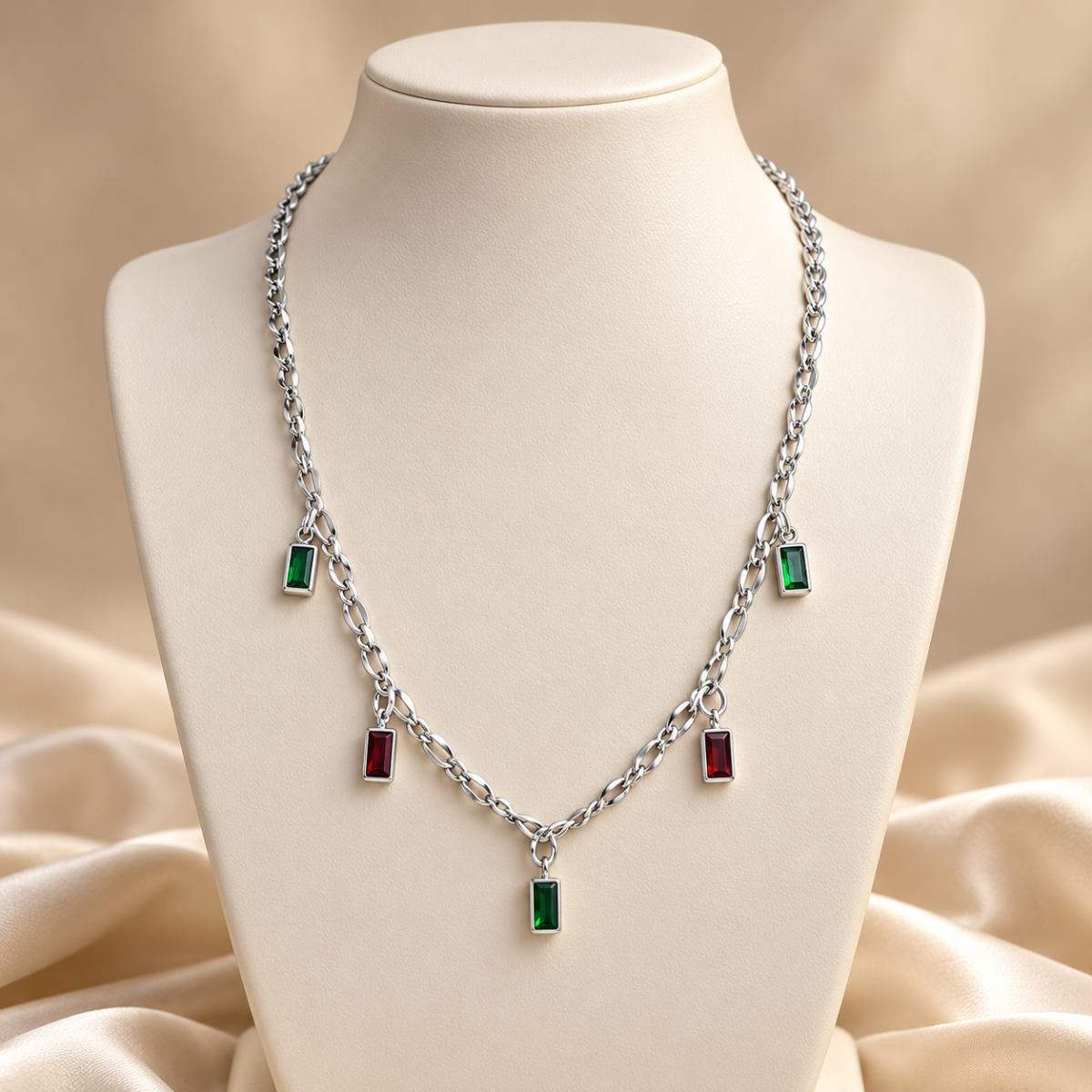 Silver Tone Link Chain Necklace with Emerald Green & Ruby Red Baguette Charm Drops image 2