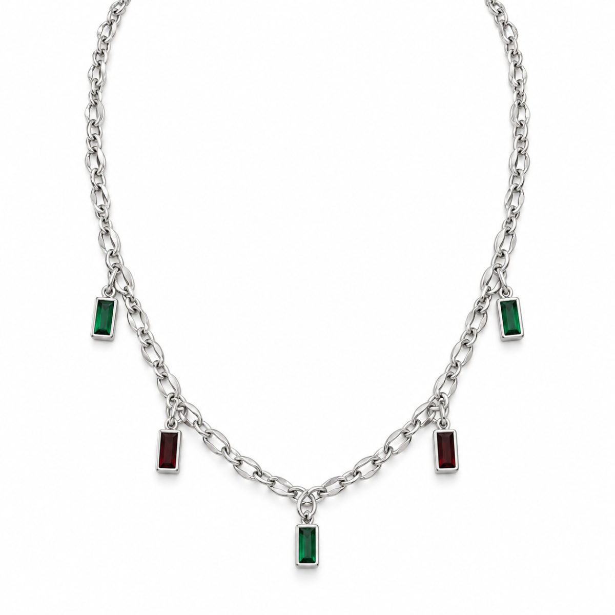 Silver Tone Link Chain Necklace with Emerald Green & Ruby Red Baguette Charm Drops image 3