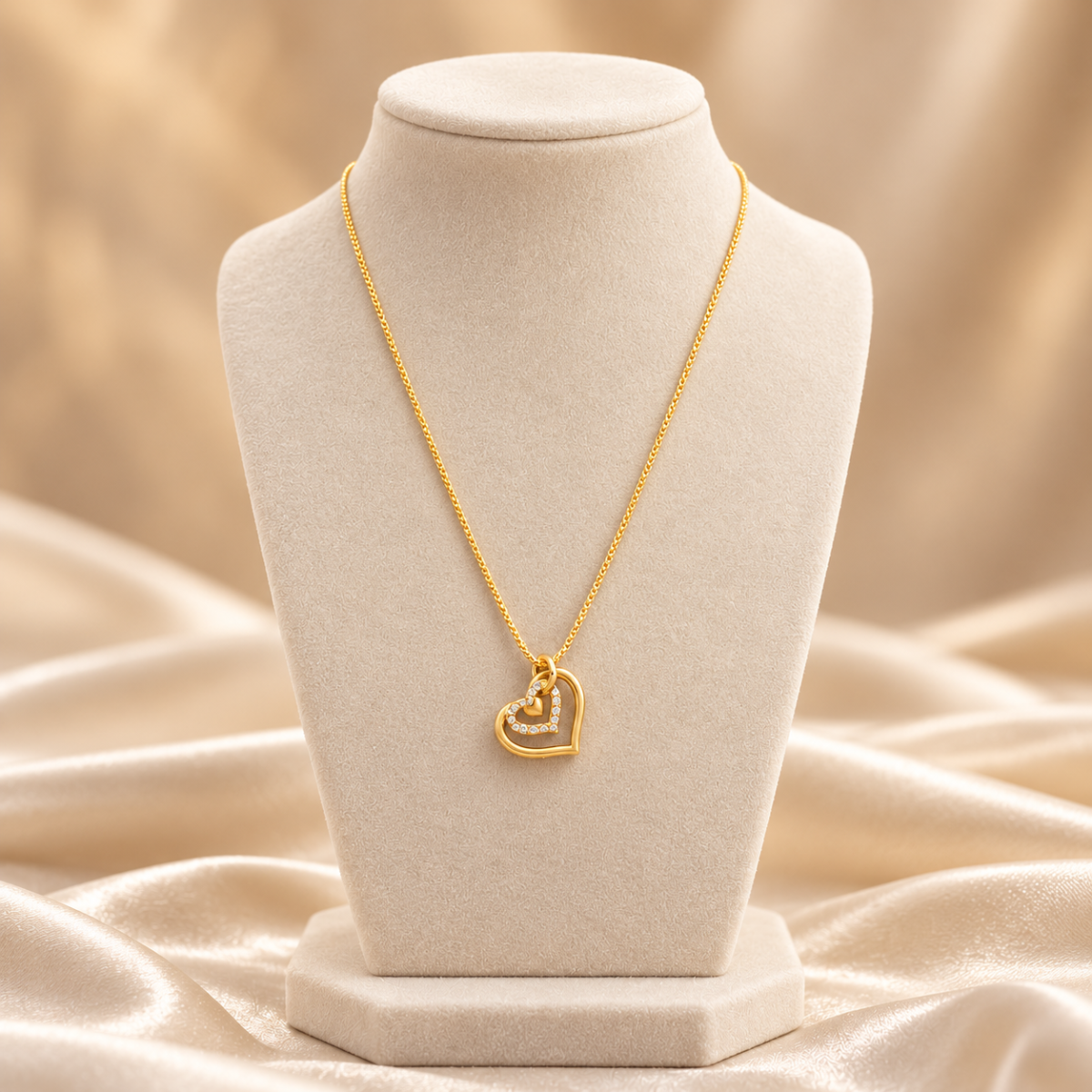 Gold Plated Triple Layer Nested Heart Pendant Necklace with Pavé Crystals - Jewellery at GoAariva