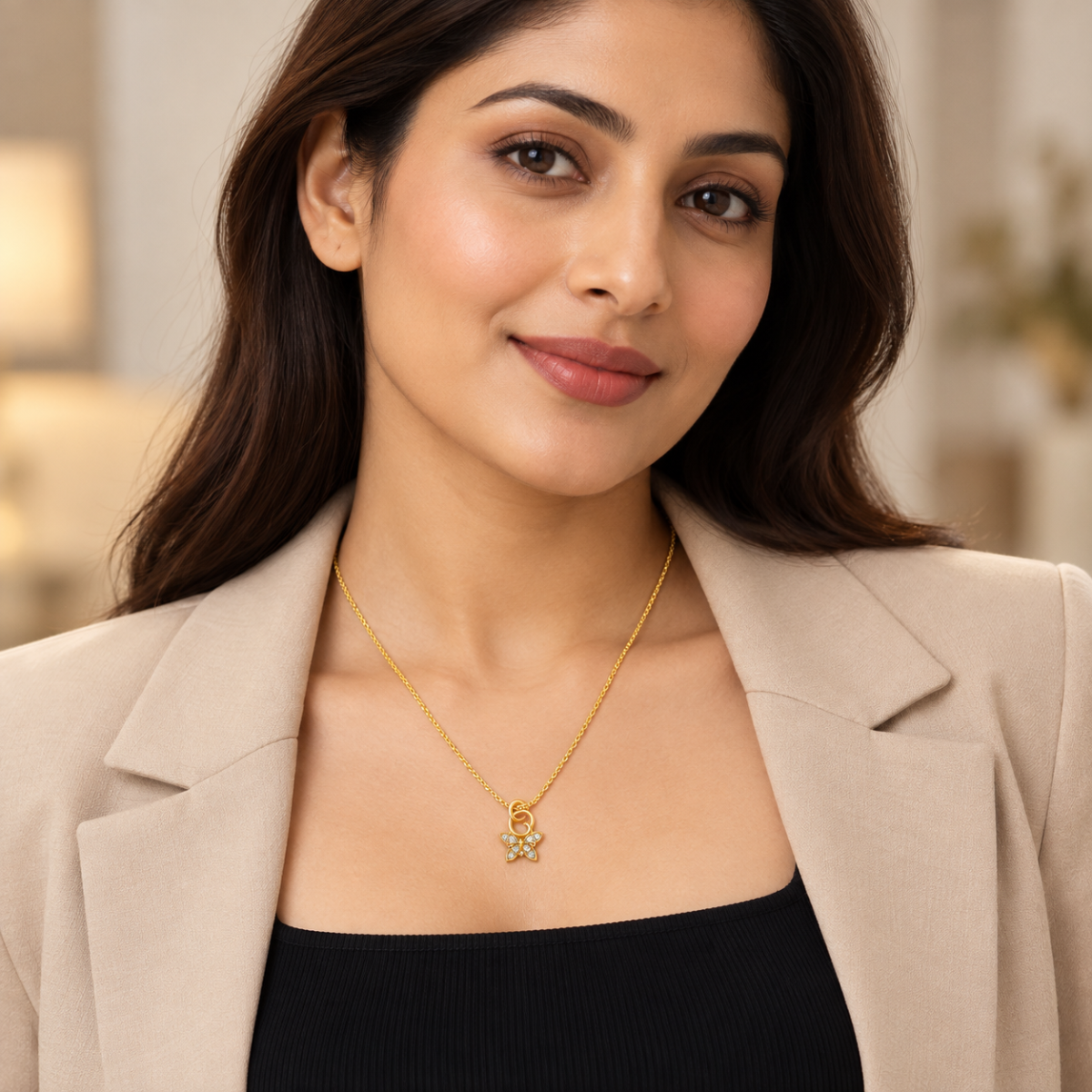 Artificial Gold-Tone Crystal Butterfly Pendant Necklace with Ring Bail for Women image 3