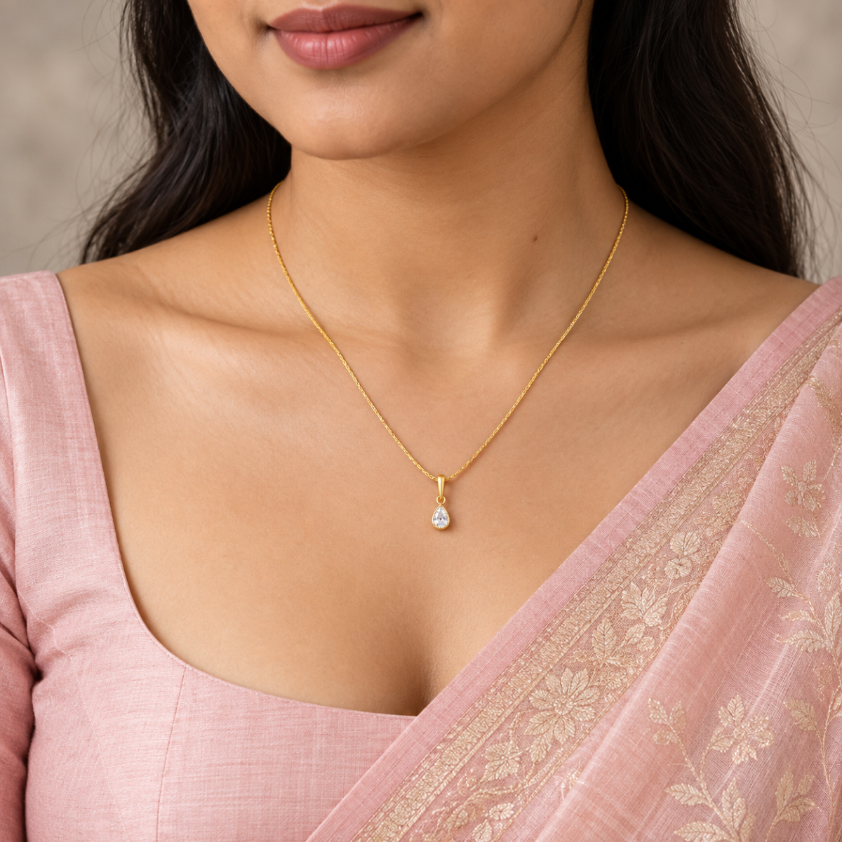 Rtificial Gold-Tone Teardrop Solitaire Crystal Pendant Necklace with Matching Stud Earrings Set image 2