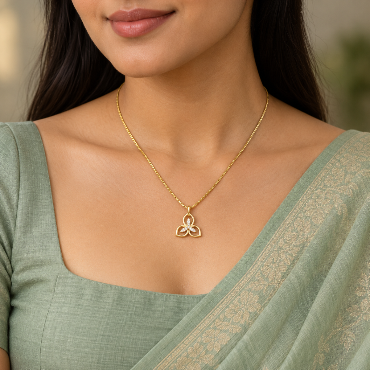 Artificial Gold-Tone Floral Clover Trefoil Pendant Necklace with Pavé Crystal Center image 2