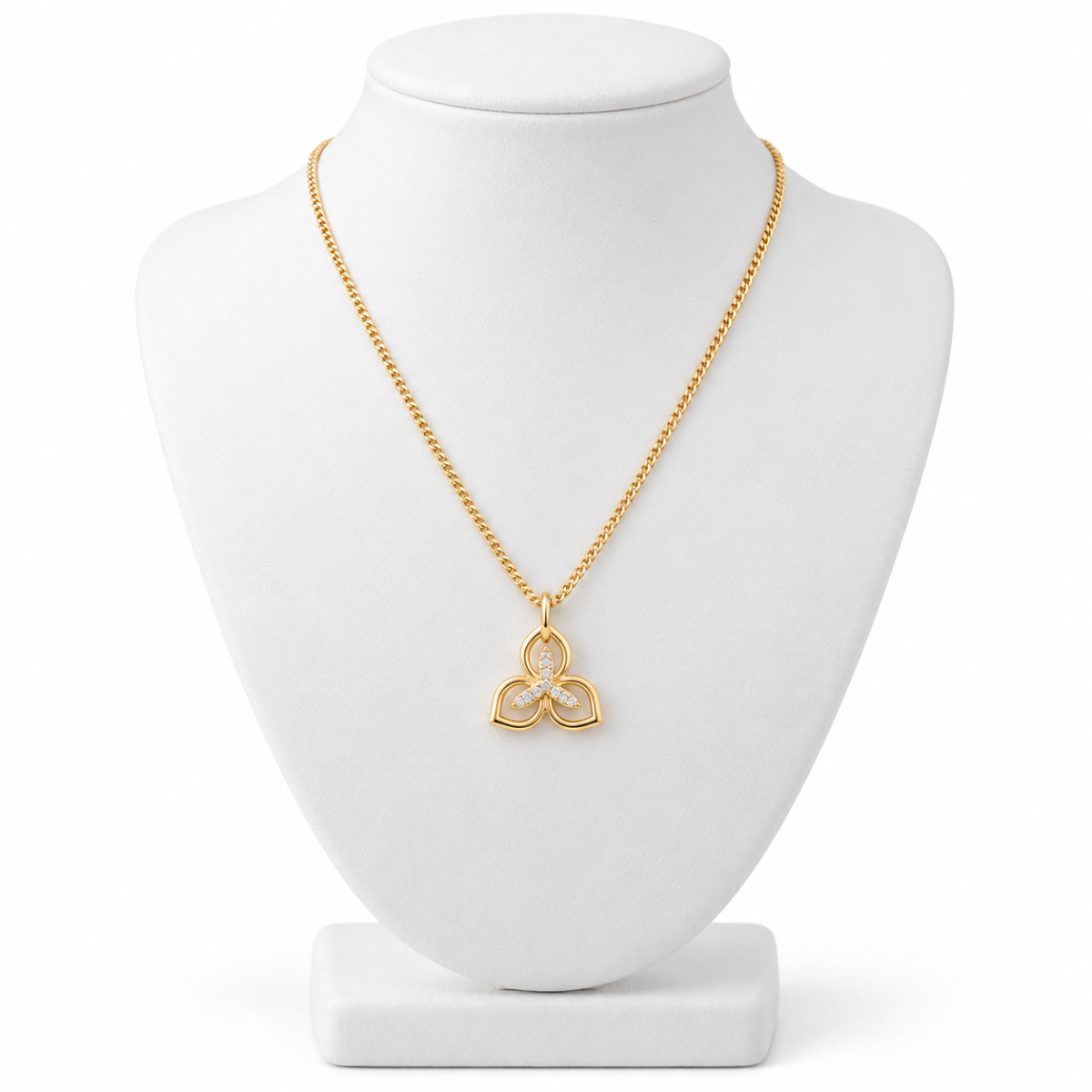 Artificial Gold-Tone Floral Clover Trefoil Pendant Necklace with Pavé Crystal Center image 4