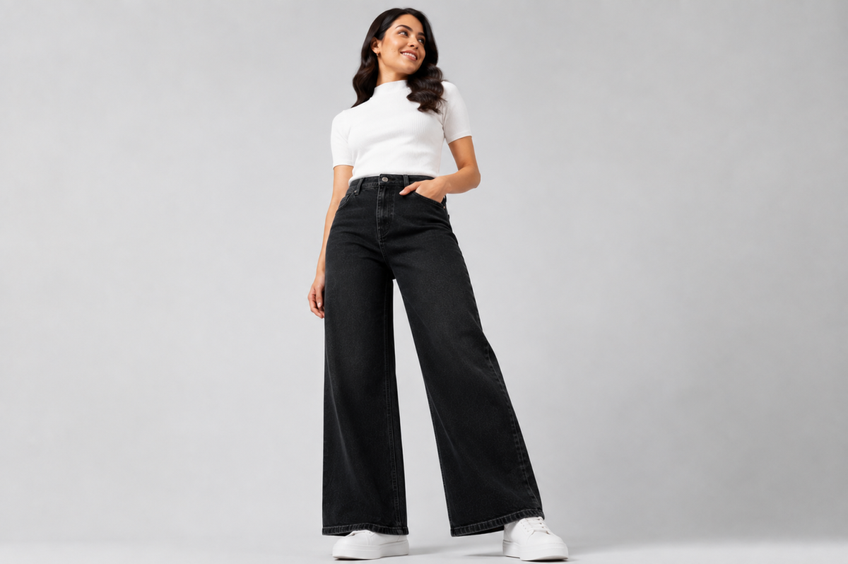 Gosagi - Women Jeans - Women’s Black High-Rise Wide-Leg Denim Jeans with Subtle Self-Pattern, Button-and-Zip Closure, Belt Loops and Functional Front Pockets.