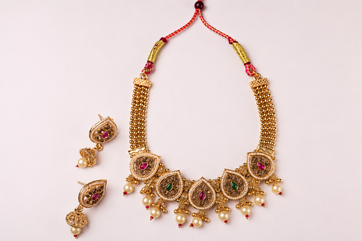 Narani - Necklace Set - Gold-Toned Traditional Choker Necklace Set with Multicolour Stone Work, Pearl Drops and Matching Jhumka Earrings. - 1 image 3