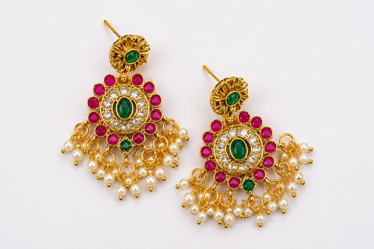 Narani - Necklace Set - Traditional Gold-Toned Choker Necklace Set with Multicolour Stonework, Faux Pearl Drops, Adjustable Dori and Matching Jhumka Earrings. - Quantity image 2